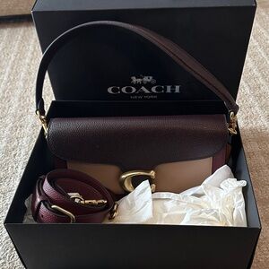COACH Burgundy and Tan Leather Shoulder Bag with Gold Hardware